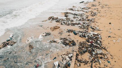Plastic Pollution In Ocean.Save the save ocean day.Environmental dirty beach.trash waste plastic...