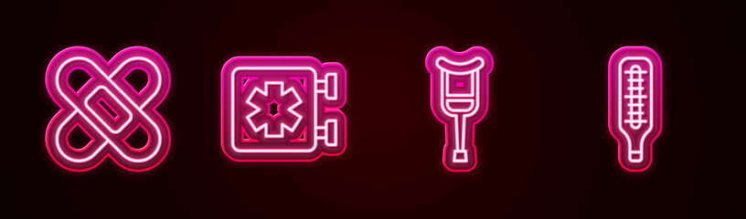 Set line Crossed bandage plaster, Medical symbol of the Emergency, Crutch or crutches and thermometer. Glowing neon icon. Vector