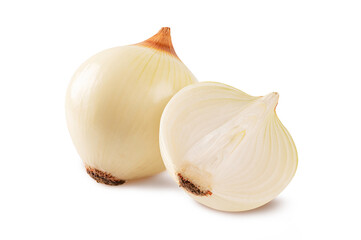 Peeled onions isolated on white background.