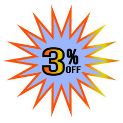 3% discount. Three percent off label on blue background with gold star-like borders for mega big sales.