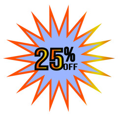 25% discount. Twenty five percent off sticker on blue background with gold edges in star shape for mega big sales. 