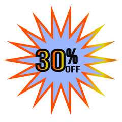 30% discount. Thirty percent off sticker on blue background with gold edges in star shape for mega big sales. 