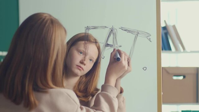 Reflection of a Red haired Teenage Girl Writing an Inscription on a Mirror, Suffering from Anorexia, Bulimia, Eating Disorder. Mental Health.
