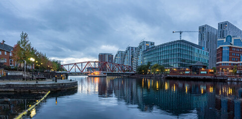 Dusk view of Castlefield - an inner city conservation area of Manchester in North West England. It is bounded by the River Irwell, Quay Street, Deansgate and the Chester Road.