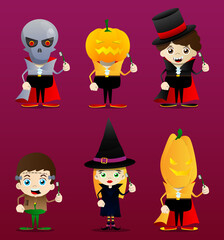 Kid dressed for Halloween holding toothbrush. Vector cartoon character illustration of kids ready to Trick or Treat.