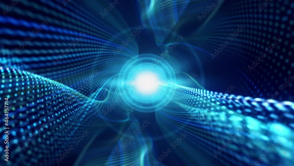 Wall mural abstract blue wire mesh dots with center flare light space background, geometry surfaces wave lines 