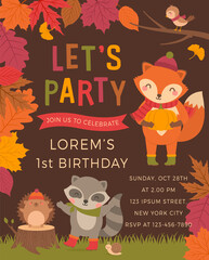 Cute woodland animals cartoon with leaves border for party invitation card design template.