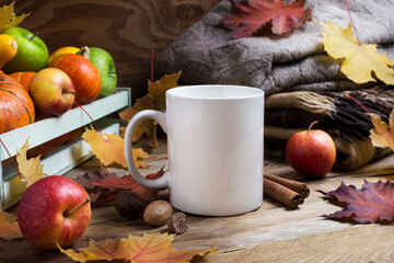  White coffee mug mockup thanksgiving with fall leaves and knitted plaid