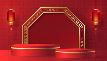 3d Podium round, square box stage podium and paper art Chinese new year,Chinese Festivals, Mid Autumn Festival, red paper cut, fan, flower and asian elements with craft style on background.
