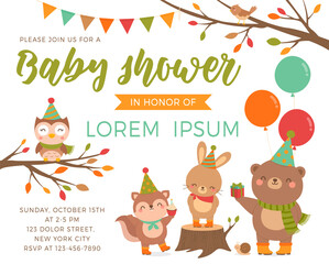 Obraz na płótnie Canvas Cute woodland cartoon animals illustration for baby shower invitation card template.