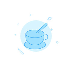 Cup, saucer and spoon flat vector icon. Kitchen utensil. Filled line style. Editable stroke