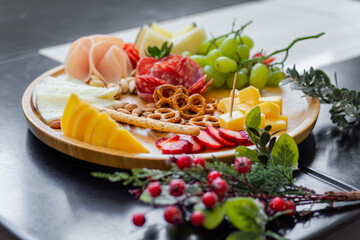 Close up of a cold cuts and cheese platter