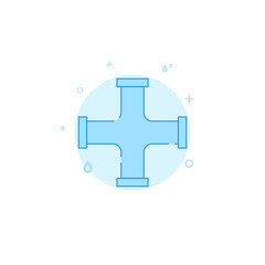 Pipe cross flat vector icon. Plumbing symbol filled line style. Blue monochrome design. Editable stroke