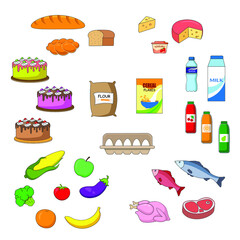 A set of common supermarket groceries. Fruits and vegetables, bakery, dairy, meats and fish, juices, cereal and flour. Vector illustration.