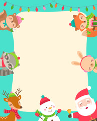 Obraz na płótnie Canvas Border of santa claus, snowman and woodland animals illustration with copy space for christmas and new year card template.