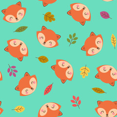 Cute fox with autumn leaf pattern vector background.
