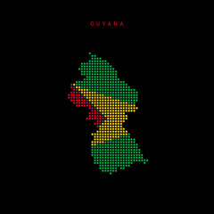 Square dots pattern map of Guyana. Dotted pixel map with flag colors. Vector illustration