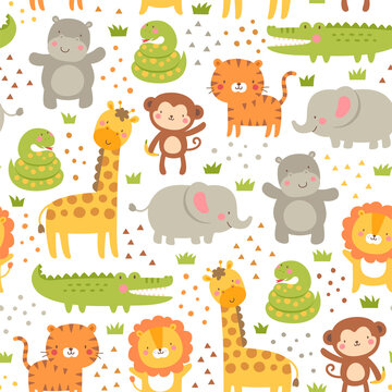 Cute safari animals seamless pattern on white background.