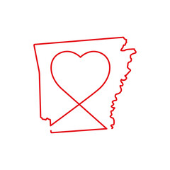 Arkansas US state red outline map with the handwritten heart shape. Vector illustration