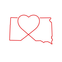 South Dakota US state red outline map with the handwritten heart shape. Continuous line drawing of patriotic home sign. A love for a small homeland. T-shirt print idea. Vector illustration.