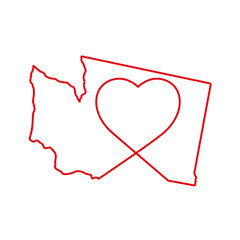 Washington US state red outline map with the handwritten heart shape. Continuous line drawing of patriotic home sign. A love for a small homeland. T-shirt print idea. Vector illustration.