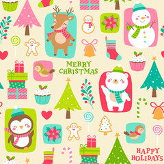 Cute polar bear, snowman, penguin, reindeer and decorative elements pattern for christmas and new year background.