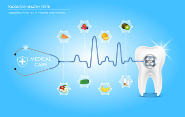 Stethoscope with tooth medical check up. Food for healthy teeth healthy smile white sparkle tooth. Vegetables Fruits rich in vitamins and minerals. Concept of dental nutrition healthy. 3D vector.