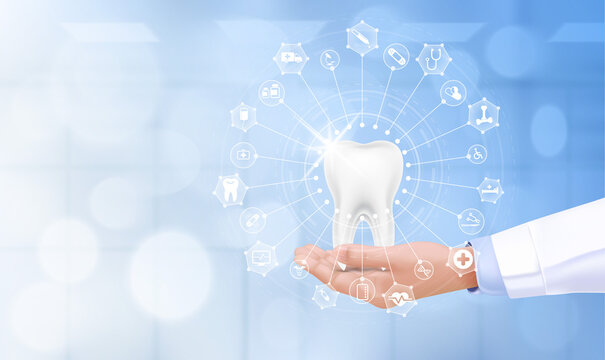 Medical examination healthy teeth. Icon medical network connection with modern screen interface, Medical concept. Dentist stomatologist modern technology.  Realistic 3D Vector.