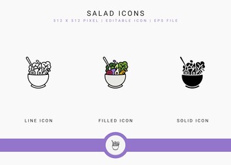 Salad icons set vector illustration with solid icon line style. Healthy vegan ingredients concept. Editable stroke icon on isolated white background for web design, user interface, mobile application