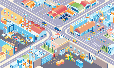 Isometric illustration of a very large industrial factory complex, people working and truck transporting goods