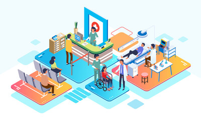 Obraz premium isometric illustration in a hospital, people are registering and doing health checks with medical personnel