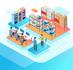 isometric illustration of an e-commerce company, administrators work in an office, goods stock is in a warehouse, and a server to store the company database