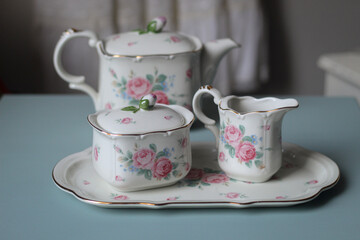Pink and white Tea Set
