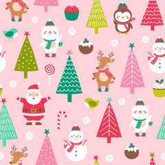 Cute santa claus, animals, pine trees and decorative elements pattern for christmas and new year background.