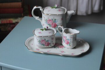 Pink and white Tea Set
