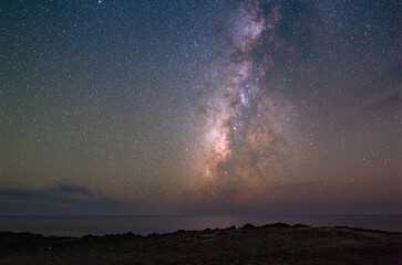Milky Way Star Filled Clear Night Sky Over Ocean and Land 