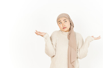 Doubt Confused Gesture of Beautiful Asian Woman Wearing Hijab Isolated On White Background