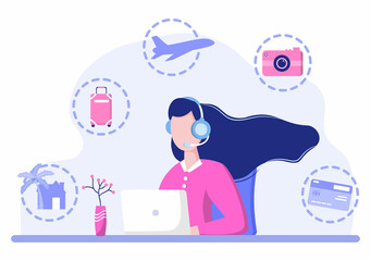 Travel Agency Background Vector illustration. People Visit the Landmarks of these World Famous Tourist Attractions using Plane, Car or Boat Transportation