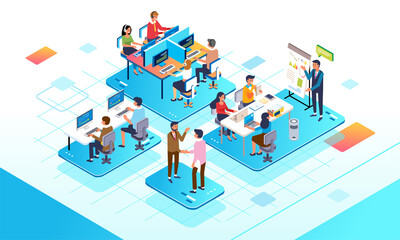 Isometric illustration of busy daily office that cover project meeting, costumer center and meeting client