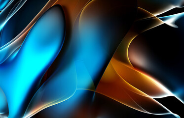 3d render of abstract art with part of surreal alien flower in curve wavy organic elegance biological lines forms in transparent glowing metal material in blue and orange gradient color on black