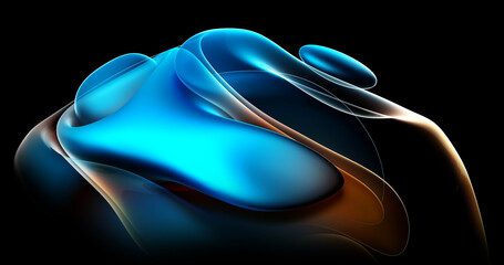 3d render of abstract art with part of surreal alien flower in curve wavy organic elegance biological lines forms in transparent glowing metal material in blue and orange gradient color on black
