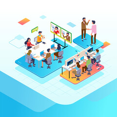 Isometric illustration of people busy with their work in the office, online meeting, meeting client and working with computer