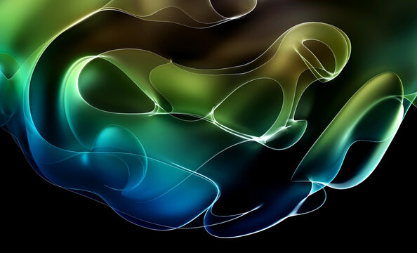 3d render of abstract art 3d background with part of surreal alien flower in curve wavy organic elegance biological lines forms in transparent glowing material in emerald green and blue gradient color