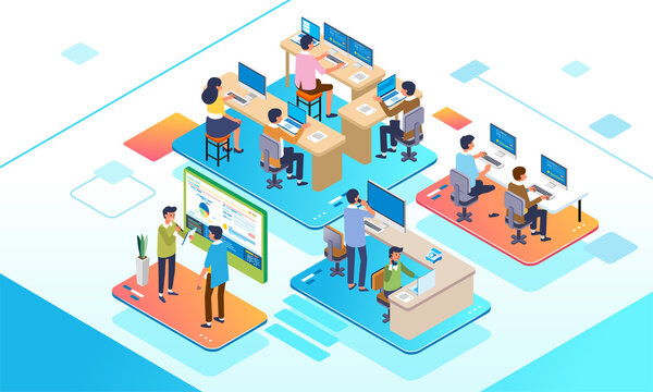 Isometric illustration of office working activity, employee working on laptop and computer and have meeting with big screen
