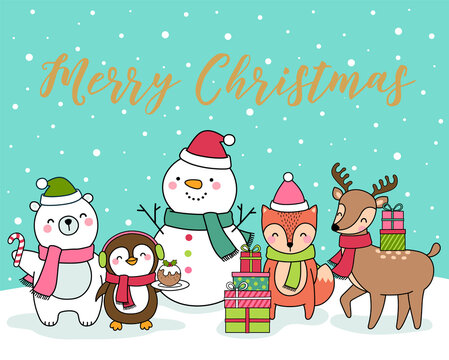 Cute cartoon animals and snowman illustration with snow background for christmas greeting card.