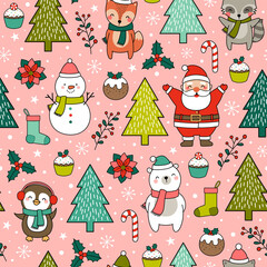 Fototapeta premium Cute cartoon character, pine trees and christmas elements seamless pattern background.