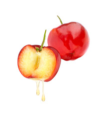 Acerola cherry fruit with juice drop dripping isolated on white background