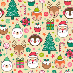 Cute cartoon character and christmas elements seamless pattern with star background.