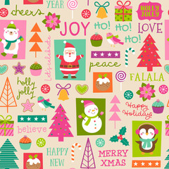 Cute cartoon character and christmas elements seamless pattern background.
