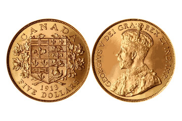 Gold coin. Canada 5 dollars. Vector illustration.	